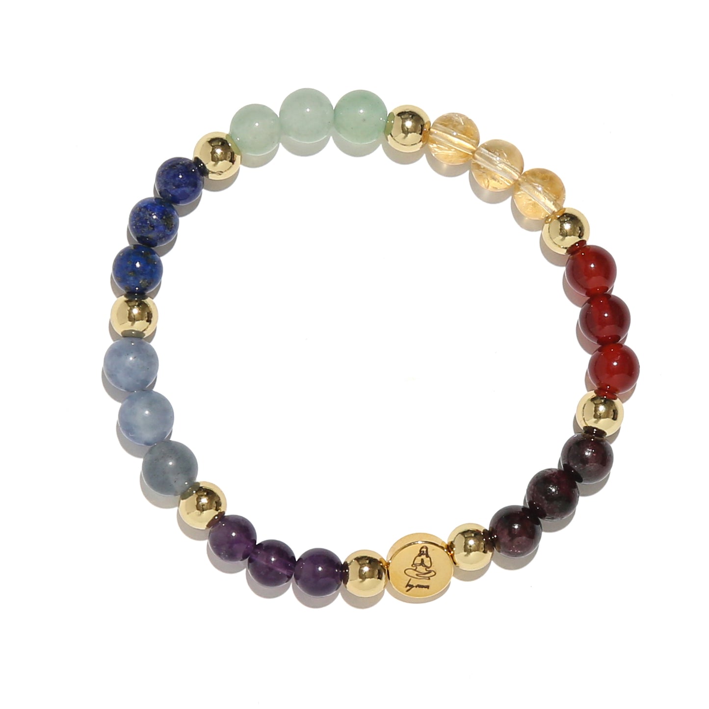 Multicolored beaded bracelet with a gold Buddha charm on a white background