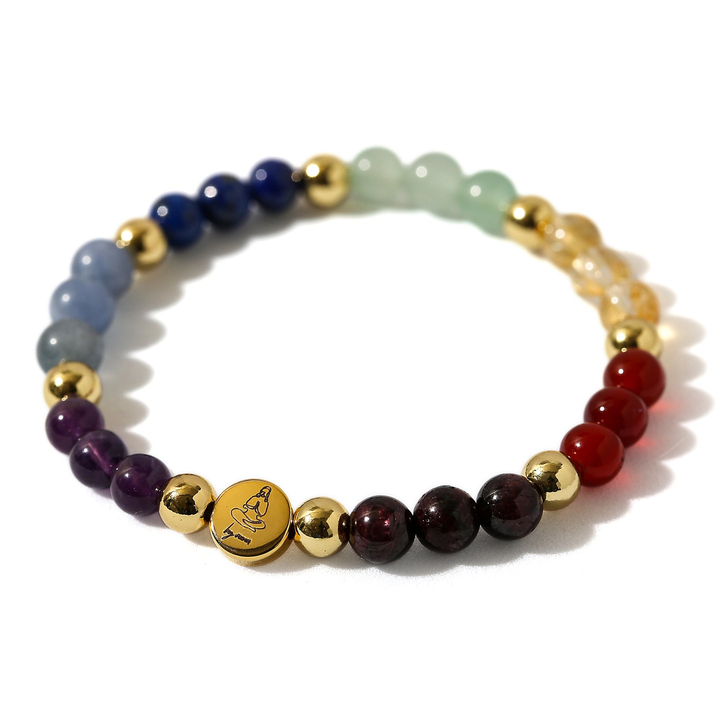 Multicolored beaded bracelet with gold accents on a white background