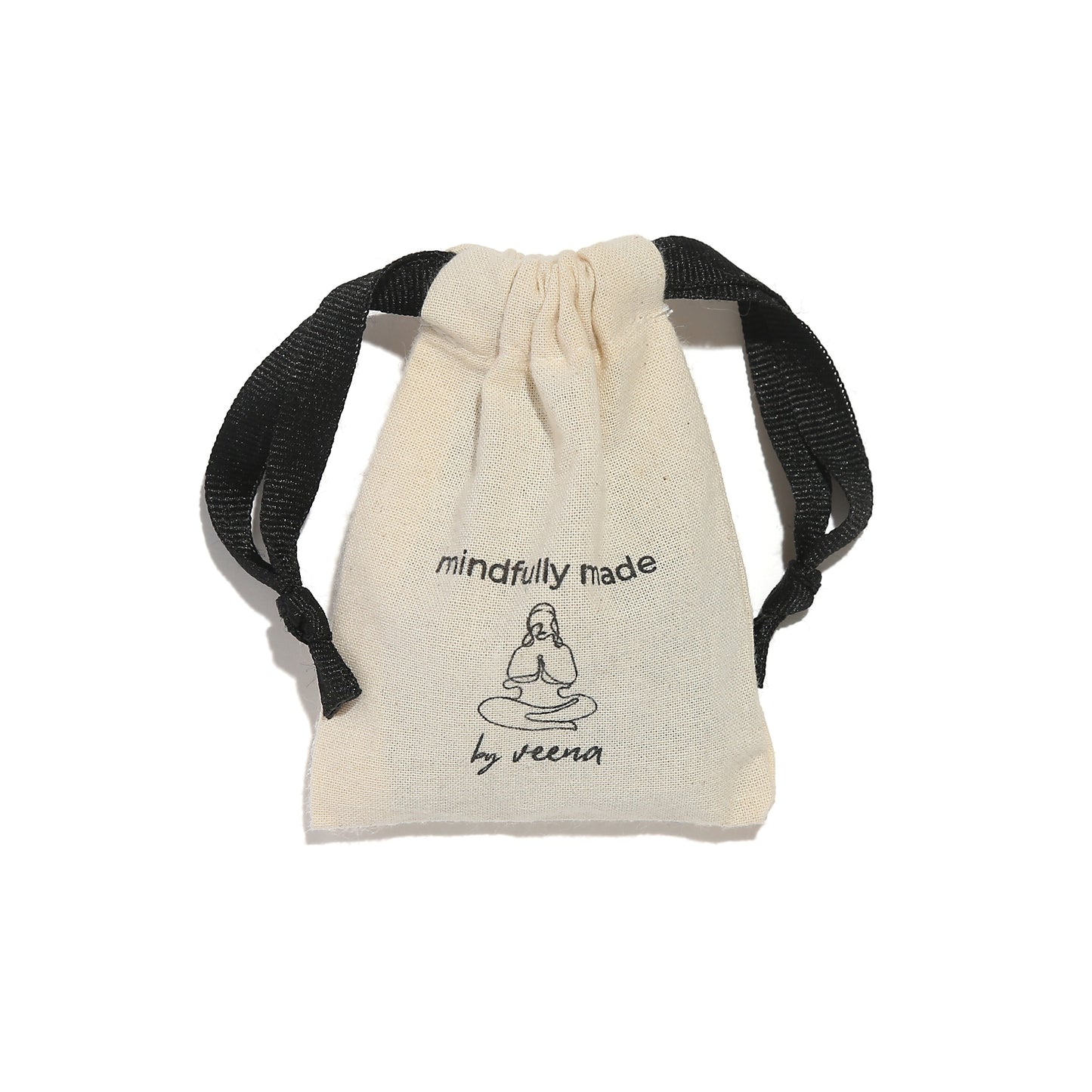 Small drawstring bag with 'mindfully made by veena' text and logo on a white background