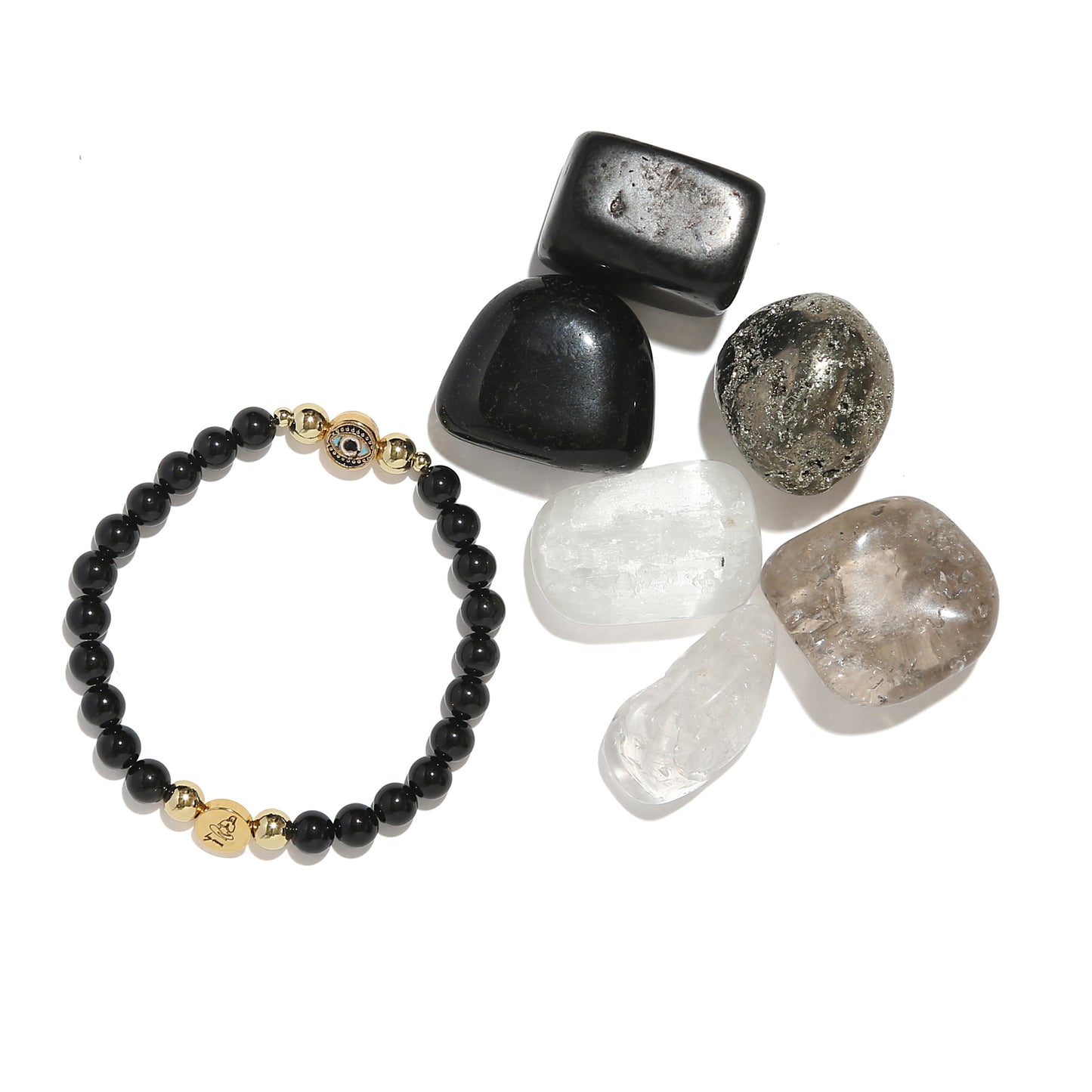 Black beaded bracelet with gold accents on a white background