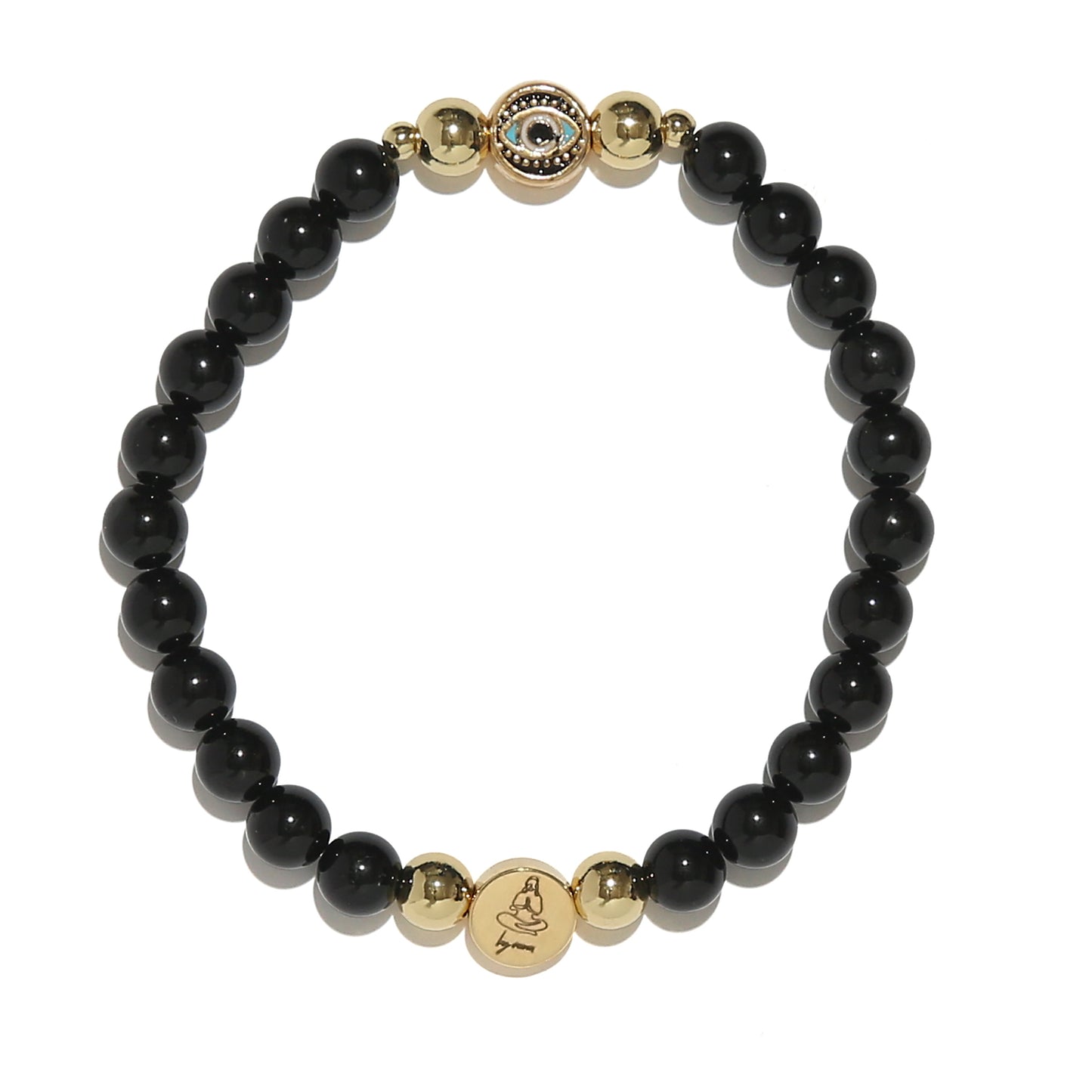 Black beaded bracelet with gold accents on a white background